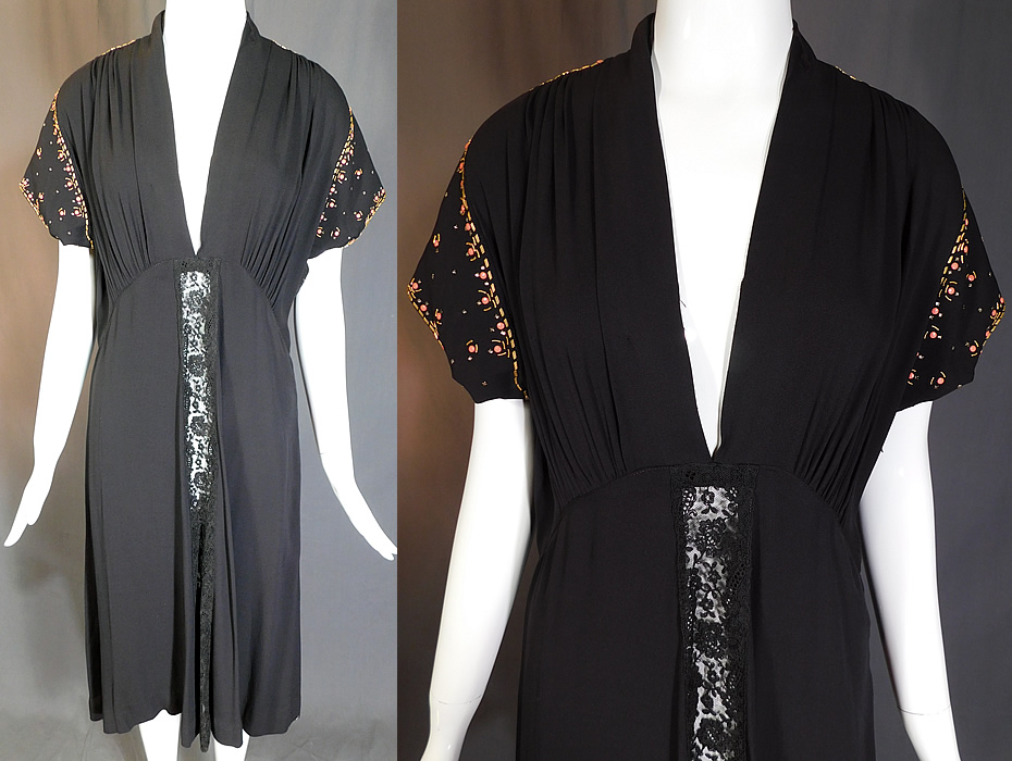 Vintage Black Silk Charmeuse Gold Studded Coral Rhinestone Beaded Cocktail Dress
This vintage black silk charmeuse gold studded coral rhinestone beaded cocktail dress dates from the 1940s. It is made of a black silk charmeuse fabric with a crepe dull finish outside and satin smooth finish inside. 