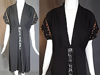 Vintage Black Silk Charmeuse Gold Stud Coral Rhinestone Beaded Cocktail Dress

