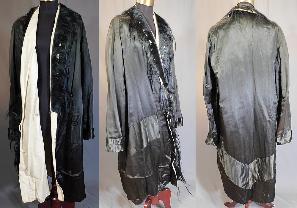 Vintage Art Deco Black Silk Fur Trim Flapper Cocoon Opera Coat Evening Jacket
This amazing Art Deco flapper evening opera coat has a long, loose fitting cocoon wrap style with a single large black jet glass beaded button closure, a fur collar trim, long full sleeves, layered back skirt trim and is lined in a white flannel fabric inside.