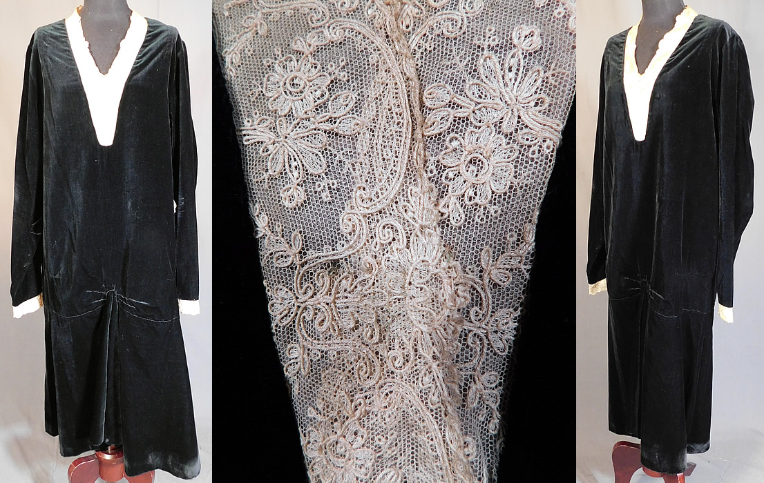 Vintage Black Velvet Cream Tambour Embroidery Lace Collar Cuffs Drop Waist Dress
This vintage black velvet cream tambour embroidery lace collar cuffs drop waist dress dates from the 1920s. It is made of a black velvet fabric, with an off white cream color tambour embroidery net lace trim yoke collar and cuffs. This Art Deco winter dress has a loose fitting drop waist style, with gathering on the front skirt, a V front neckline, long sleeves and is unlined.