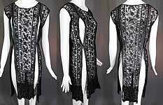 Vintage Black Net Tambour Embroidery Lace Tabard High Slit Chemise Shift Dress
