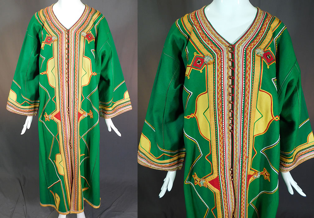 Vintage Ottoman Turkish Kaftan Caftan Coat Green & Yellow Wool Trim Boho Robe
This vintage Ottoman Turkish kaftan caftan coat green and yellow wool trim boho robe dates from the 1940s. It is made of a bright green wool fabric, with yellow and red wool decorative cut out applique work, star shapes, colorful silk braided rope soutache trim edging and pompoms decorating the front.