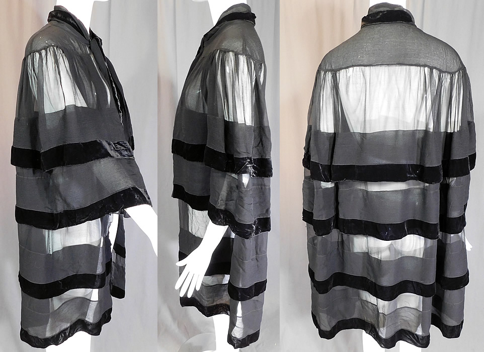Vintage Art Deco Black Silk Chiffon Velvet Trim Flapper Evening Cloak Cape
The cape measures 39 inches long and 18 inches across the back shoulders. It is in good condition, with only a tiny pin hole on the shoulder. This is truly a wonderful piece of Art Deco wearable art! 
