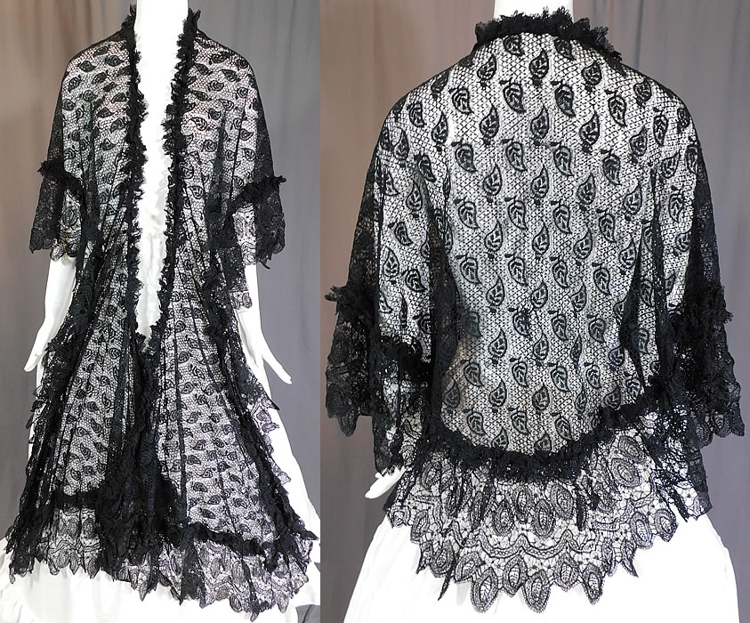 Victorian Antique Black Lace Dolman Mantle Pelerine Shawl Cloak Cape
This antique Victorian Civil War era black lace dolman mantle pelerine shawl cloak cape dates from the 1860s. It is made of a black sheer lace fabric, with connecting brides bars, done in an outlined leaf pattern design....