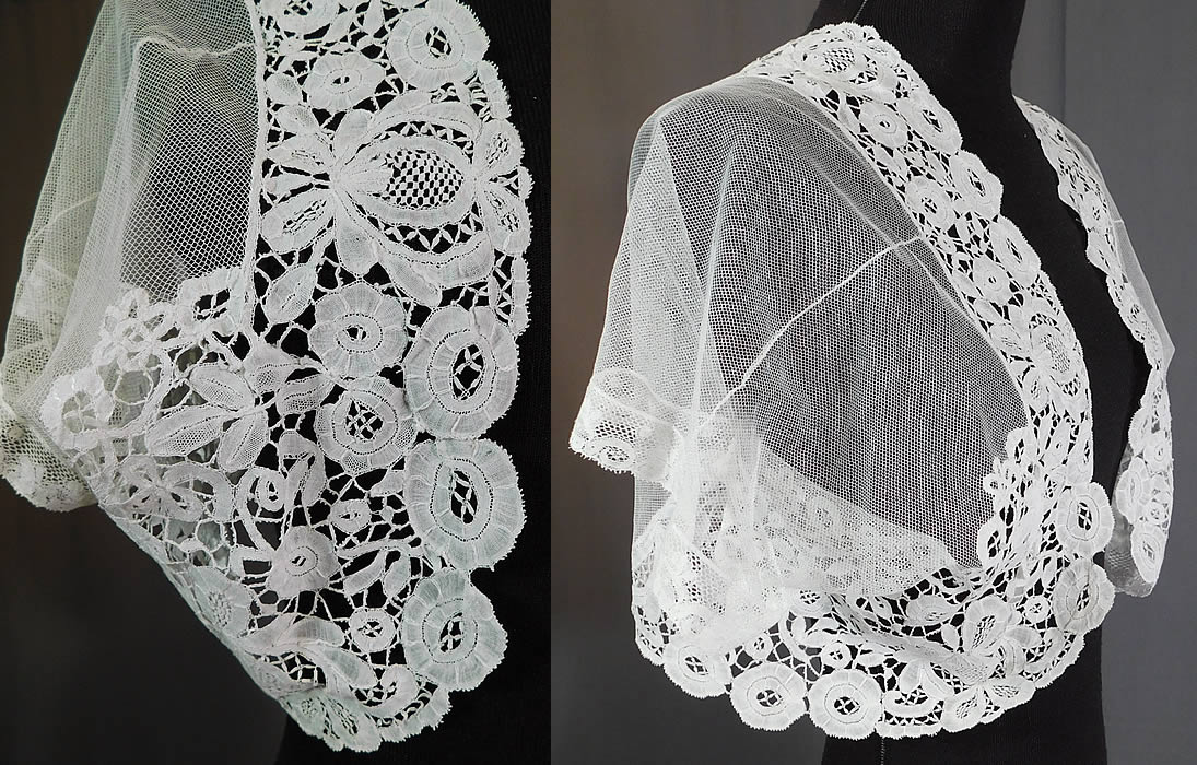 Edwardian White Net Duchesse Bobbin Tape Lace Bolero Jacket Shrug Top
This lovely lace ladies short cropped bolero jacket shrug style top has an open front with no closure, short cap sleeves and is sheer, unlined. 