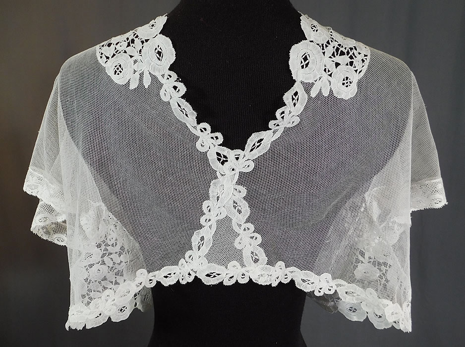 Edwardian White Net Duchesse Bobbin Tape Lace Bolero Jacket Shrug Top
The top measures 14 inches long, with a 36 inch bust. 