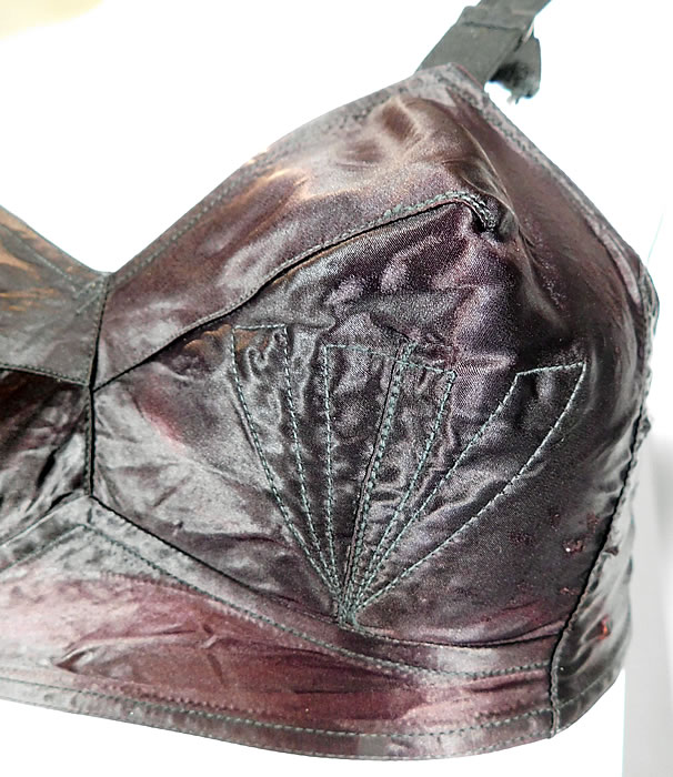 Vintage Quest-Shon Mark Black Silk Satin Stitched Cup Conical Cone Brassiere Bullet Bra	
It is in good as-is condition, with some fade discoloration in areas and a few tiny frayed holes under the arms (see close-ups).