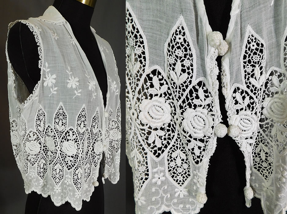 Edwardian Embroidered White Cotton Batiste Lace Sleeveless Vest Jacket Blouse Top
This antique Edwardian era embroidered white cotton batiste lace sleeveless vest jacket blouse top dates from 1910. It is made of a white cotton batiste fabric with raised padded satin stitch embroidered flowers and floral rose pattern lace inserts.
