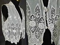 Edwardian Embroidered White Cotton Batiste Lace Sleeveless Vest Jacket Blouse 
