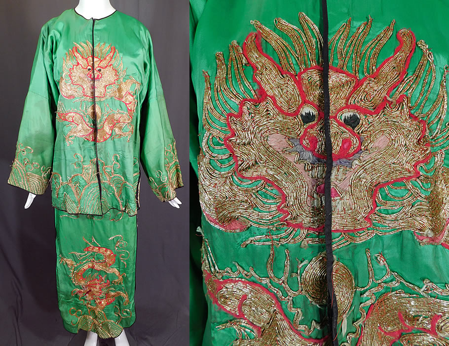 Antique Chinese Dragon Gold Couching Embroidery Opera Robe & Skirt Costume
This antique Chinese dragon gold couching embroidery opera robe and skirt costume dates from the 1950s. It is made of a green silk rayon blend fabric, with gold metallic thread couching embroidery work, which tiny red stitches hold the couching work together giving it a contrasting copper color appearance.