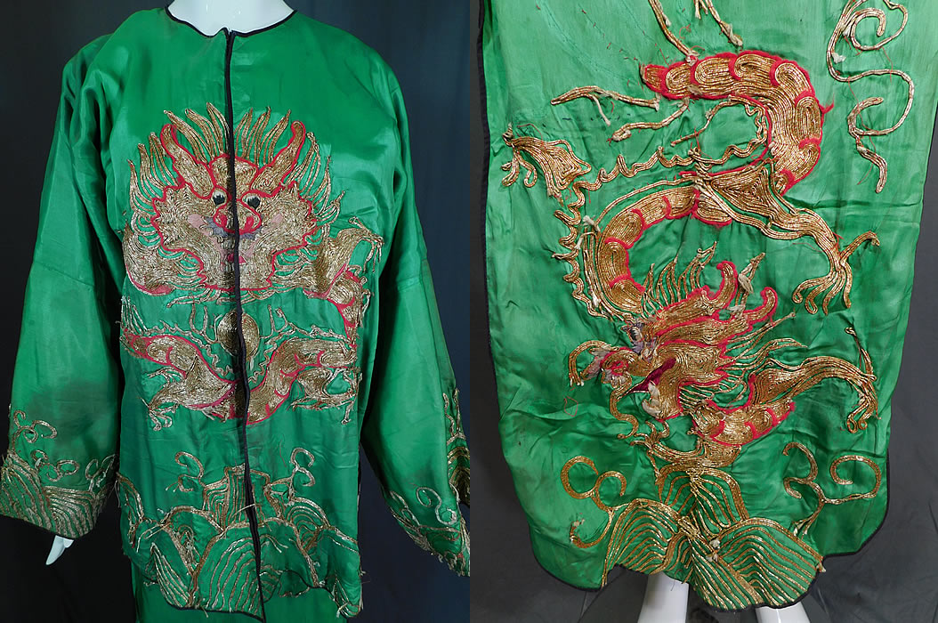 Antique Chinese Dragon Gold Couching Embroidery Opera Robe & Skirt Costume
This two piece theatrical opera costume includes a surcoat style open front robe jacket with newly added velcro closures, long full sleeves and is fully lined in linen. The robe measure 30 inches long, with a 44 inch chest, 44 inch waist and 21 inches long sleeves.