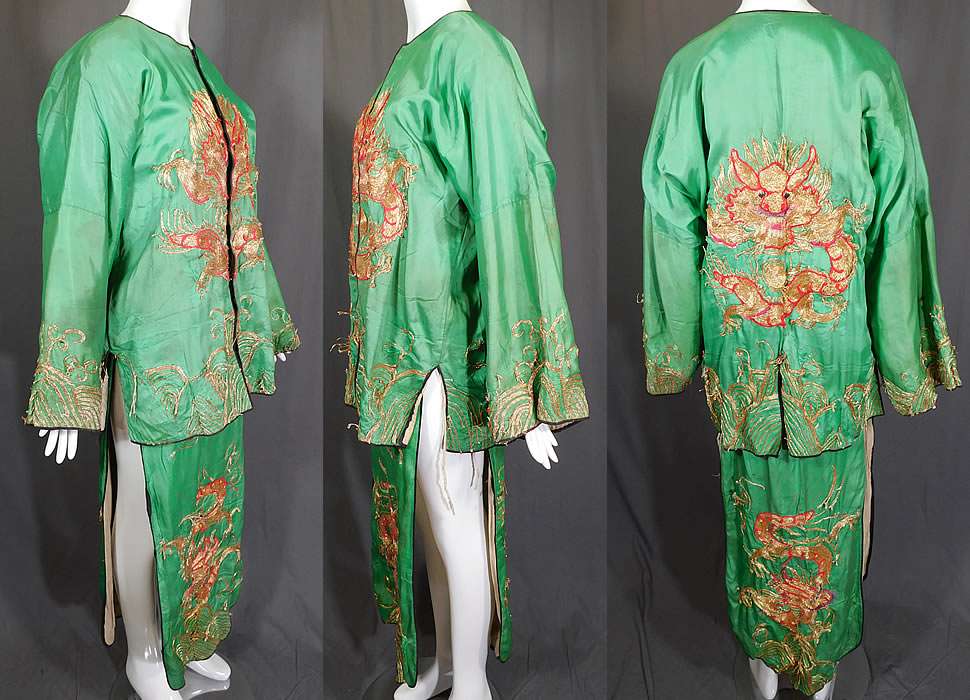 Antique Chinese Dragon Gold Couching Embroidery Opera Robe & Skirt Costume
Included is a matching embroidered fabric tabard style wrap skirt apron with front and back panels, open sides, an adjustable side tie waist and is lined in linen.