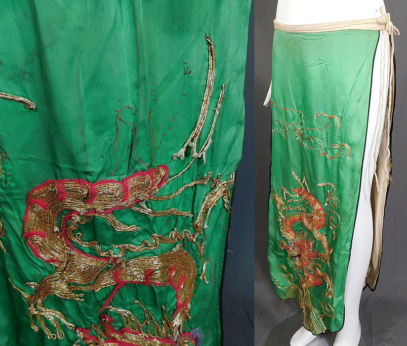 Antique Chinese Dragon Gold Couching Embroidery Opera Robe & Skirt Costume
It is in fair as-is condition needing some restoration with many missing, loose, frayed gold thread embroidery work and has not been cleaned with some staining discoloration. This is truly a wonderful piece of wearable antique Chinese textile art! 