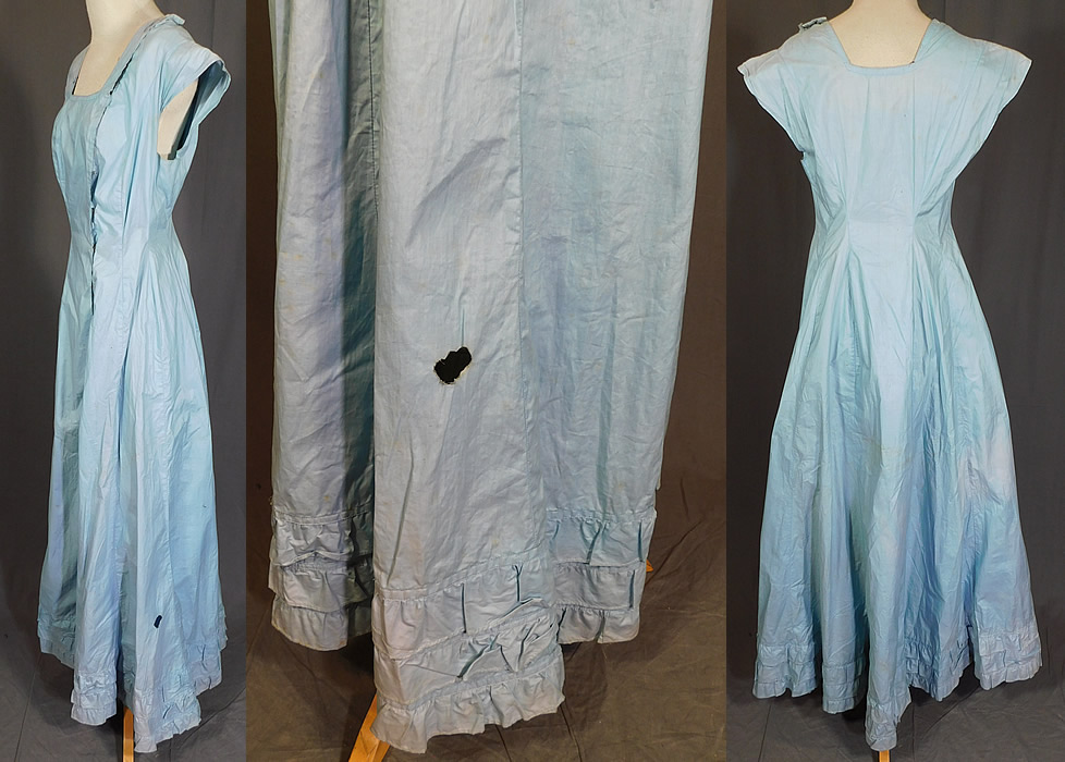 Edwardian Cornflower Blue Starched Crisp Cotton Full Slip Dress
It is in fair as-is condition, has not been cleaned with many small faint foxing age spot stains, faded discoloration in areas and a frayed hole on the side skirt (see close-ups). This is truly a wonderful piece of antique underpinnings wearable art! 