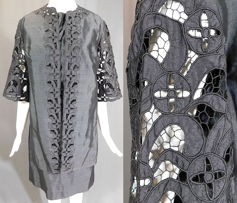 Vintage Diane Imports Hong Kong Black Silk Lace Cutwork Cocktail Dress & Coat
This vintage Diane Imports Hong Kong black silk lace cutwork cocktail dress and coat dates from the 1960s. It is made of a black silk rayon blend fabric with embroidery cutwork Chinese coin pattern a symbol of wealth from the Eight Precious Things of good fortune.