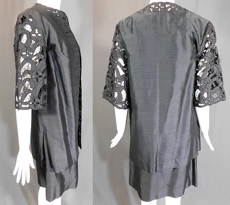 Vintage Diane Imports Hong Kong Black Silk Lace Cutwork Cocktail Dress & Coat
The dress measures 37 inches long, with a 38 inch bust, 32 inch waist and 38 inch hips. 