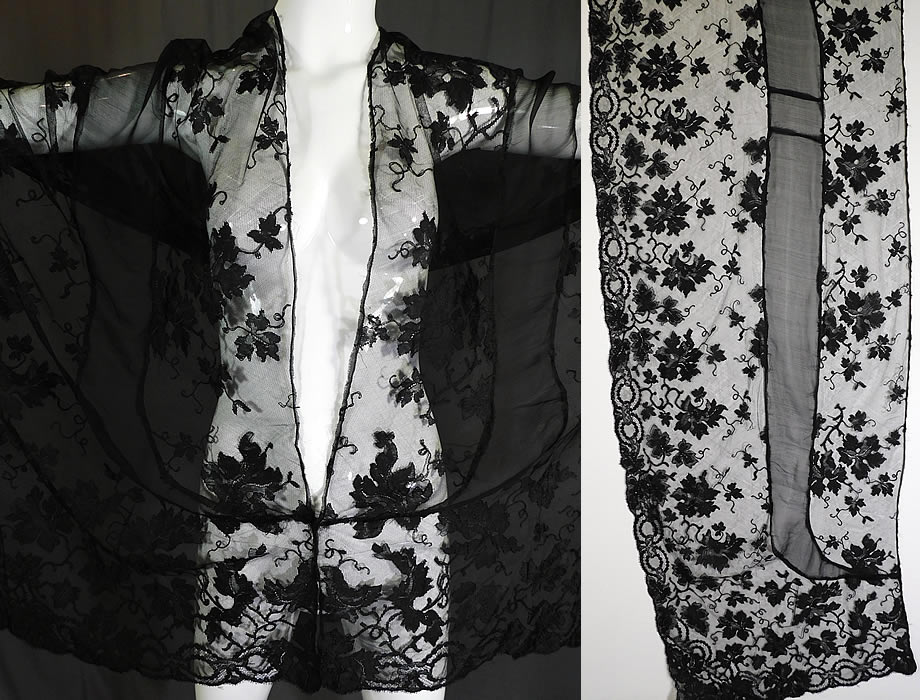 Vintage Sheer Black Silk Chiffon Grape Leaf Vine Pattern Lace Stole Mantilla Shawl
This lovely lace has a long rectangle stole shape shawl style and could be worn as an evening scarf wrap or as a Spanish mantilla.