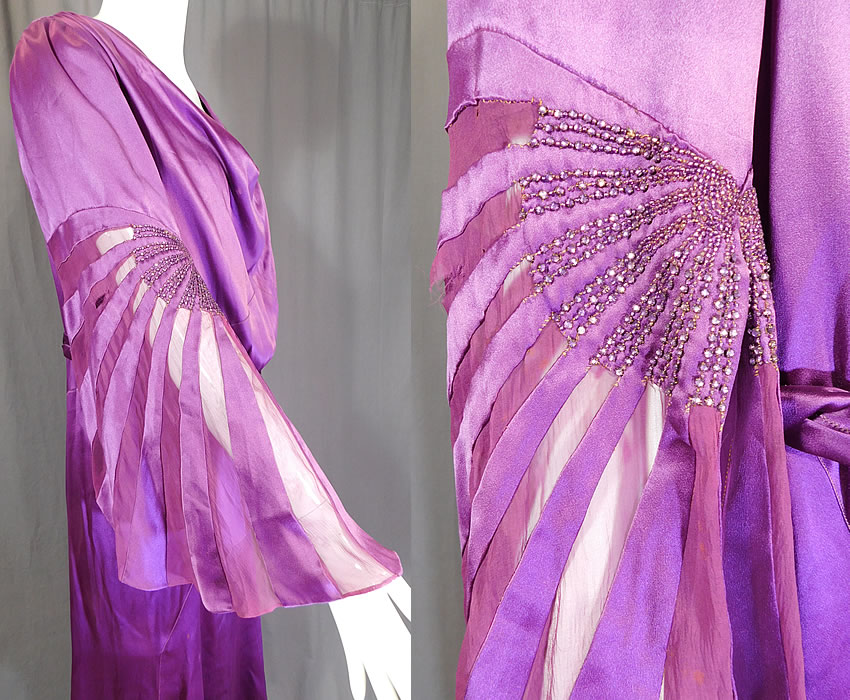 Vintage Art Deco Purple Silk Beaded Bell Sleeve Bias Cut Dress Evening Gown
It is in good as-is condition, with some fade discoloration on the purple silk fabric in areas, faint underarm stains, two tiny faint stains on the front top and a few frayed small holes on the chiffon fabric sleeves (see close-ups).
