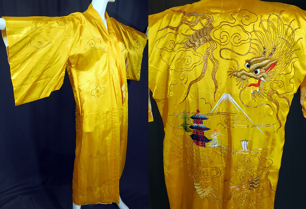 Vintage WWII Japanese Gold Couching Embroidery Dragon Yellow Kimono Robe
This vintage WWII Japanese gold couching embroidery dragon yellow kimono robe dates from the 1940s. It is made of a bright yellow silk rayon blend fabric, with gold metallic thread couching embroidery work, which tiny red stitches hold the couching work together giving it a contrasting copper color appearance.