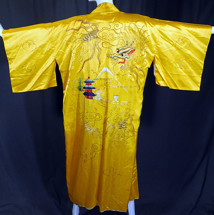 Vintage WWII Japanese Gold Couching Embroidery Dragon Yellow Kimono Robe
The robe measures 52 inches long, with a 42 inches chest, 42 inch waist and 26 inch back seam.