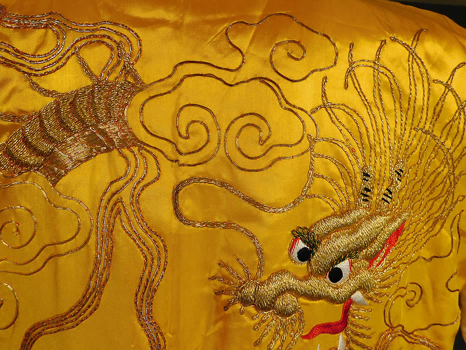 Vintage WWII Japanese Gold Couching Embroidery Dragon Yellow Kimono Robe
This is truly a wonderful piece of Japanese kimono wearable art! 