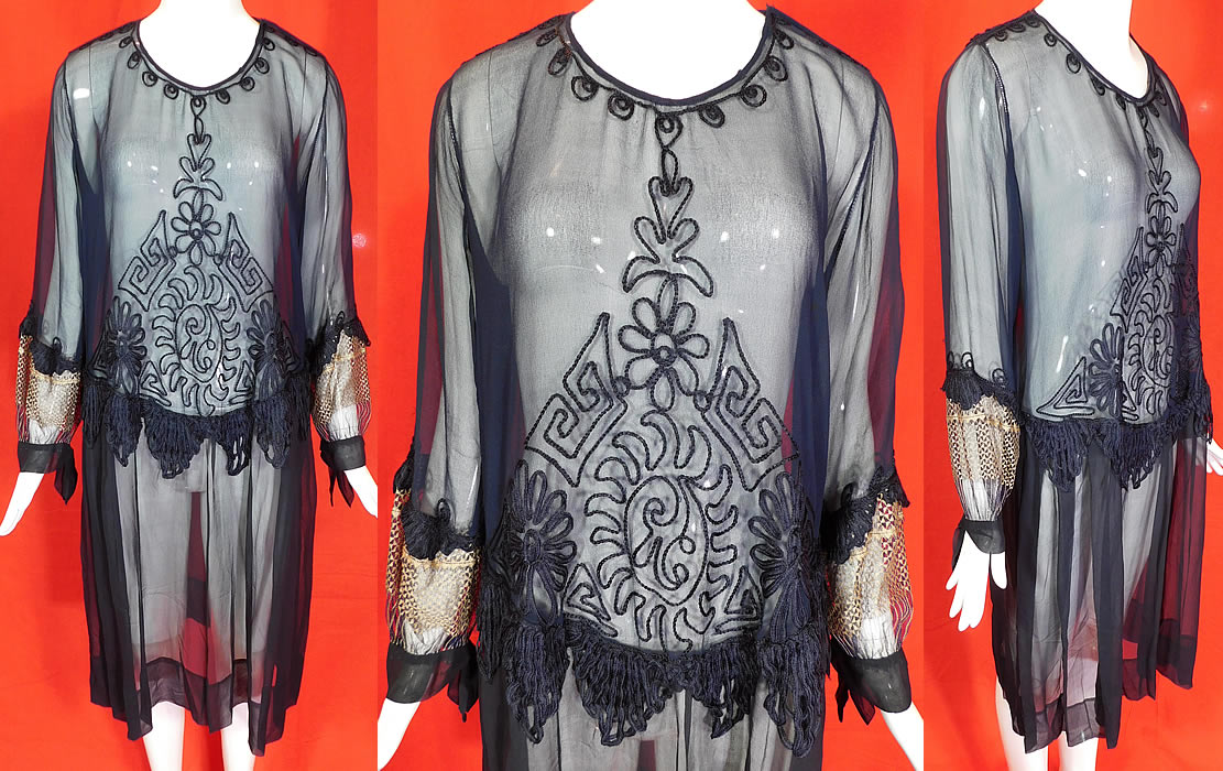 Vintage Art Deco Navy Blue Silk Chiffon Chain Stitch Embroidered Drop Waist Dress
This beautiful blue dress is loose fitting, with a drop waist, long bishop sleeve tapering down to a fitted cuff with a sheer gold Maltese cross lace pattern, snap closure on one shoulder which is missing and is sheer, unlined.