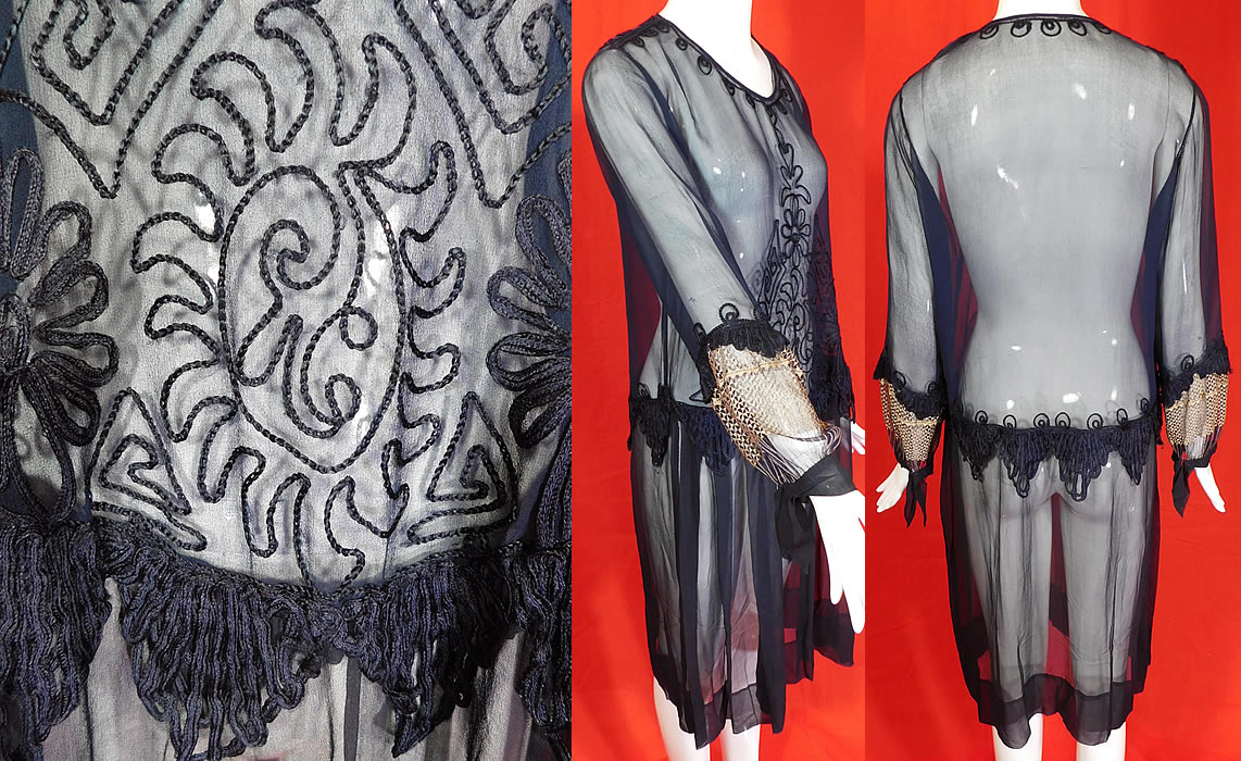 Vintage Art Deco Navy Blue Silk Chiffon Chain Stitch Embroidered Drop Waist Dress
This vintage navy blue silk chiffon chain stitch embroidered drop waist dress dates from the 1920s. It is made of a navy blue sheer silk chiffon fabric, with decorative chain stitch, soutache embroidery work details with ribbonwork scalloped trim edging around the waist and sleeve. 