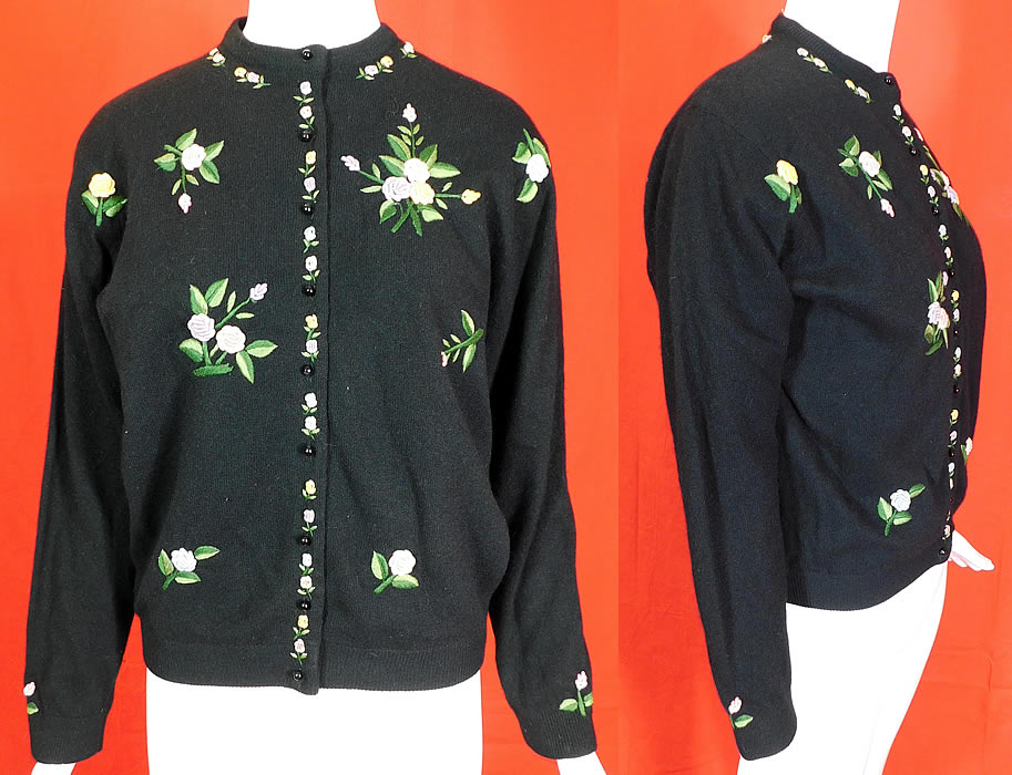 Vintage Hong Kong Black Lambswool Angora Rabbit Rosette Embroidered Sweater
This fabulous floral cardigan sweater has a ribbed fitted waistband, cuffs, collar, long full sleeves, fully lined in a black nylon fabric inside and black buttons down the front for closure. 