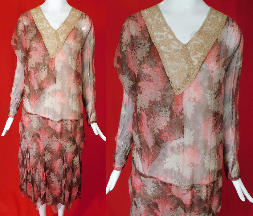 Vintage Pink Lilac Flower Print Silk Chiffon Lace Asymmetrical Drop Waist Dress
This vintage pink lilac flower print silk chiffon lace asymmetrical drop waist dress dates from the 1920s. It is made of a light brown background with a pale pink and white lilac flower bouquet print sheer silk chiffon fabric. 