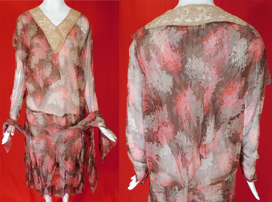 Vintage Pink Lilac Flower Print Silk Chiffon Lace Asymmetrical Drop Waist Dress
The dress measures 48 inches long, with a 40 inch bust, 40 inch waist, 40 inch hips, 20 inch long sleeves and a 15 inch back.