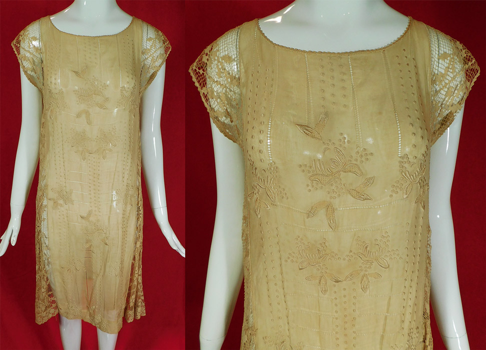 Vintage Embroidered Ecru Cream Cotton Filet Lace Chemise Shift Dress	
This vintage embroidered ecru cream cotton filet lace chemise shift dress dates from the 1920s. It is made of an ecru cream color sheer cotton batiste fabric, with raised padded satin stitch embroidery work done in a floral leaf polka dot design and a mesh net filet lace trim inserts with floral pattern along the side and sleeves. 
