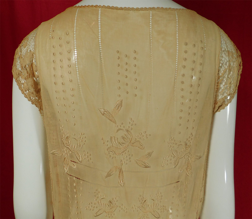 Vintage Embroidered Ecru Cream Cotton Filet Lace Chemise Shift Dress	
It is in good condition, but has not been cleaned. This is truly an exquisite piece of wearable art! 