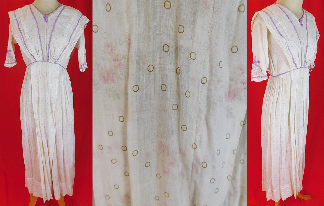 Edwardian White Cotton Batiste Brown Polka Dot Pink Roses Print Lavender Trim Dress
This pretty polka dot pastel print dress is a long tea length, has an over the shoulder draping overlay top, with lace trim edging, short sleeves, a fitted waist, hook closures down the back and is sheer, unlined.