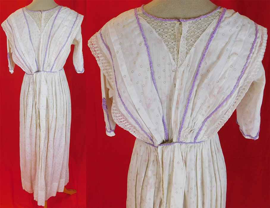 Edwardian White Cotton Batiste Brown Polka Dot Pink Roses Print Lavender Trim Dress
It is in good as-is condition, with thinning fabric, fading of the print and a few tiny rust spot stains. This is truly a wonderful piece of wearable art! 