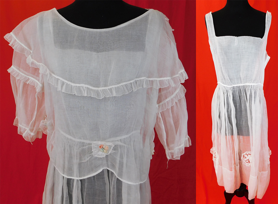 Vintage White Organdy Lace Dove Bird Slip Dress & Rosette Ruffle Blouse Top
This vintage white organdy lace dove bird slip dress and rosette ruffle blouse top dates from the 1920s. It is made of a sheer white crisp cotton organdy fabric with figural filet lace love bird doves circular medallion inserts framed with ruffle trim edging along the skirt and pastel rosette flower trimmings on the blouse.