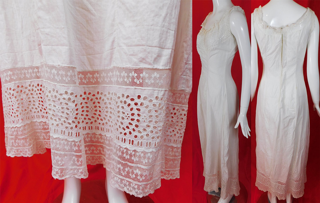 Victorian White Cotton Eyelet Cutwork Broderie Anglaise Lace Full Slip Dress
It is in good as-is condition with a few faint small stains and a small frayed hole on the lace trim bottom ruffle hemline. 