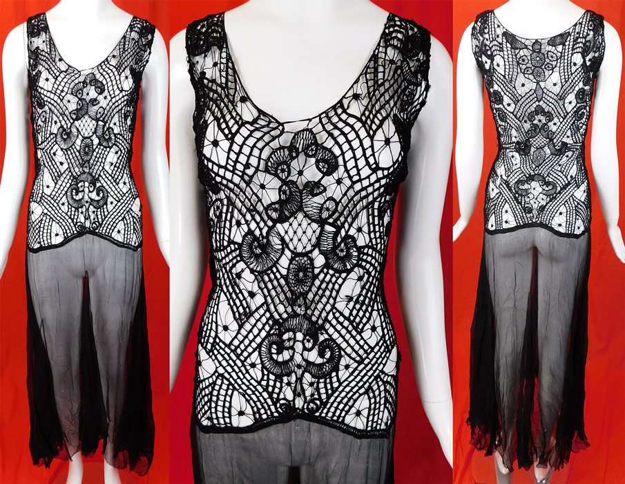 Vintage Black Sheer Silk Chiffon & Battenburg Bobbin Tape Lace Dress Gown
