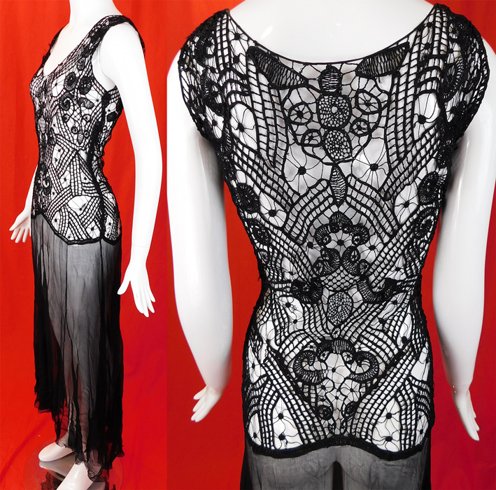 Vintage Black Sheer Silk Chiffon & Battenburg Bobbin Tape Lace Dress Gown
This vintage black sheer silk chiffon battenburg bobbin tape lace dress gown dates from the 1930s. It is made of a sheer black silk chiffon fabric skirt, with a hand made fine black silk tape lace, joined by bobbin made braids and thread bars creating an abstract patchwork effect cobweb design pattern.