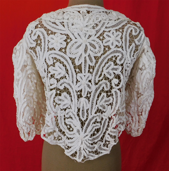 Victorian White Battenburg Tape Lace Short Crop Bodice Blouse Bolero Jacket
This is truly an exceptional, quality made piece of hand made antique lace wearable art! 