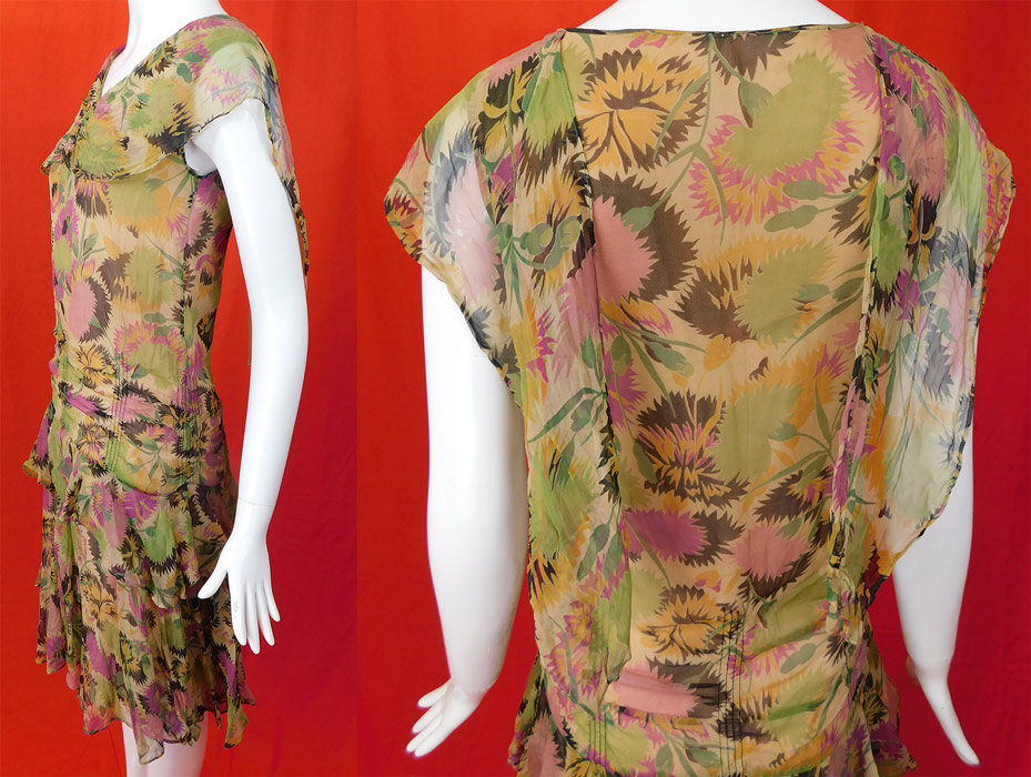 Vintage Floral Pastel Print Silk Chiffon Smocking Shawl Collar Drop Waist Dress
The dress measures 40 inches long, with a 34 inch bust, 30 inch waist and 36 inch hips.