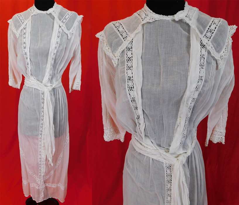 Edwardian White Cotton Batiste Cluny Torchon Bobbin Lace Lawn Dress Tea Gown
It is made of a sheer white cotton batiste lawn fabric with cluny torchon bobbin lace trim inserts. 