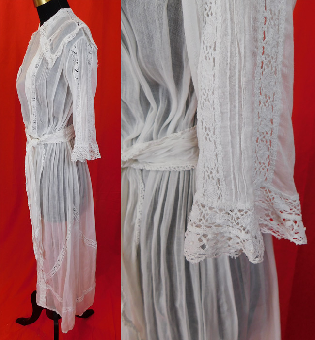 Edwardian White Cotton Batiste Cluny Torchon Bobbin Lace Lawn Dress Tea Gown
This antique Edwardian era white cotton batiste cluny torchon bobbin lace lawn dress tea gown dates from 1910. 