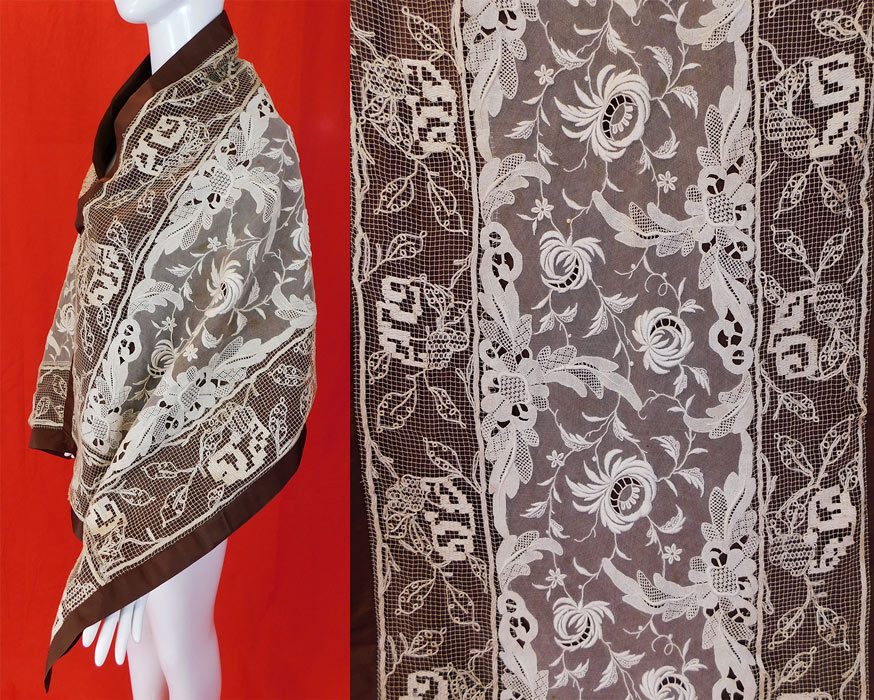 Vintage French Knot Embroidery Point de Venise Buratto Needle Lace Shawl
This lovely lace long shawl stole style wrap is lined and backed lined in a brown silk fabric with border trim edging and has no closures. 
