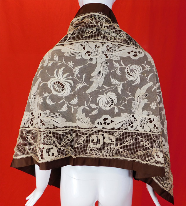 Vintage French Knot Embroidery Point de Venise Buratto Needle Lace Shawl
The shawl measures 65 inches long and 22 inches wide. It is in good condition, with only a few faint small age spot stains.