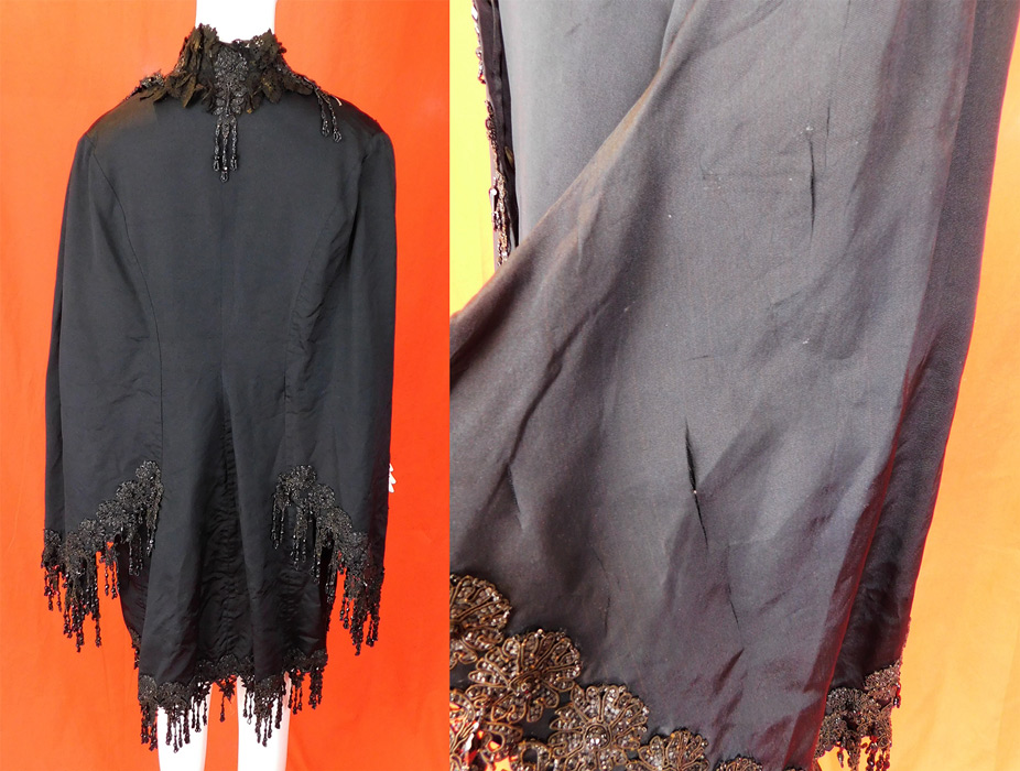 Victorian Black Silk Jet Beaded Fringe Tassel Trim Dolman Mantle Cloak Cape
It is in fair as-is condition, needing some restoration, with several small frays, splits scattered on the silk fabric, a small frayed hole on the shoulder, some discoloration fading on the black lace collar trim and some loose, missing beads (see close-ups). This is truly a wonderful piece of antique Victoriana wearable art! 