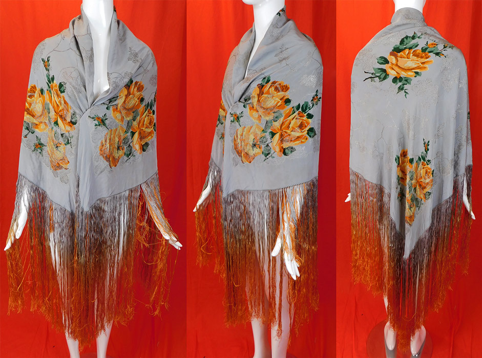 Vintage Art Deco Blue Silk Silver Lame Yellow Roses Ombre Fringe Flapper Piano Shawl
This fabulous flapper piano shawl has a 22 inch long blue, yellow ombre hand knotted silk fringe trim surrounding it and is reversible. 