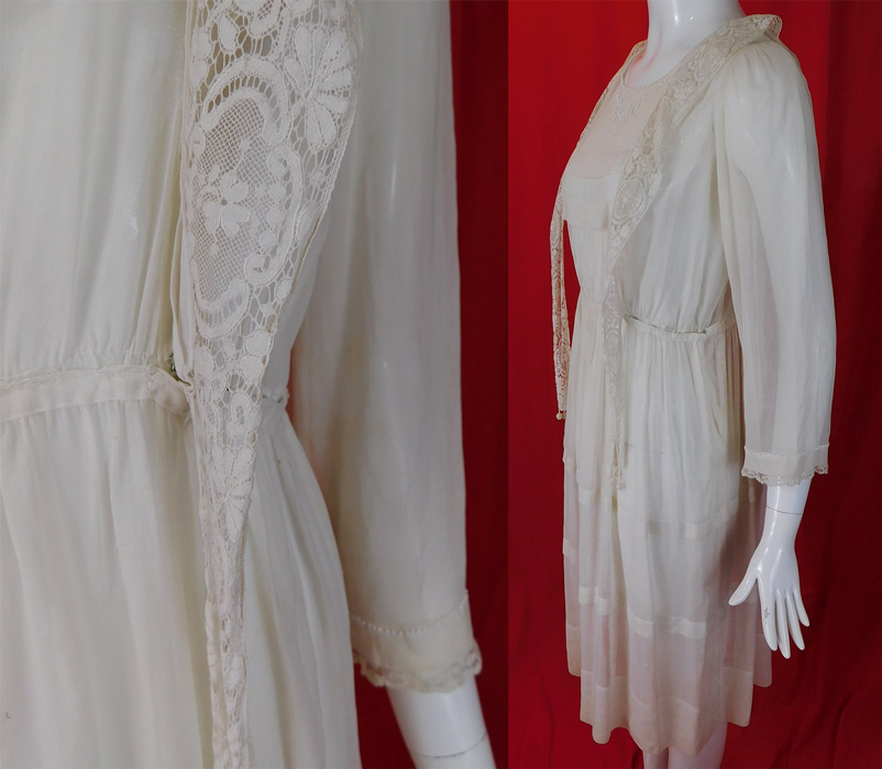 Edwardian Teens Titanic Era White Cotton Batiste Beaded Lace Trim Tea Dress
It is in good condition, has not been cleaned, with only a few faint small stains on the sleeve. 