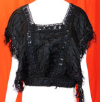 Victorian Black Silk Ruched Pleated Lace Fringe Trim Blouse Bodice Tabard Top
