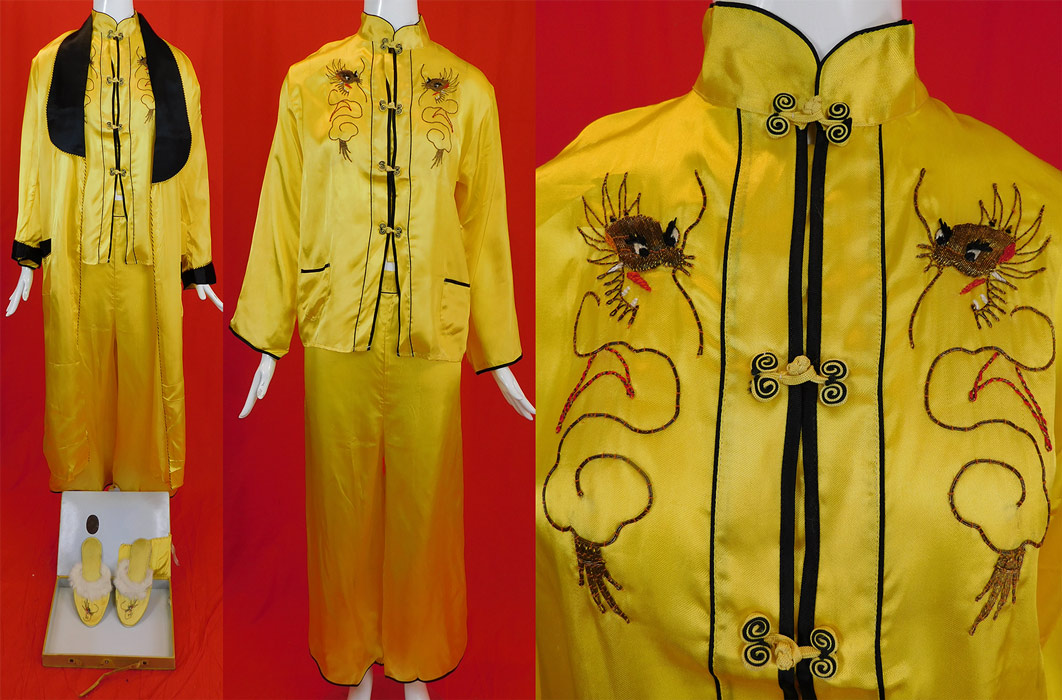 Vintage Japanese Yellow Nylon Gold Couching Embroidered Dragon Pajamas Set
This vintage Japanese yellow nylon gold couching embroidered dragon pajamas set dates from the 1940s. It is made of a bright sunshine yellow color nylon fabric, with black trim edging and gold metallic thread couching embroidery work dragons.