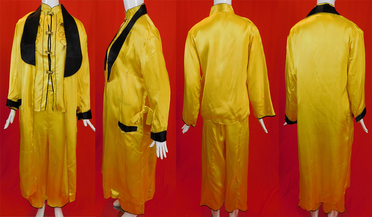 Vintage Japanese Yellow Nylon Gold Couching Embroidered Dragon Pajamas Set
This stunning souvenir pajama ensemble box set from WWII includes the original yellow fabric covered gift box with inside mirror, pocket, mule slippers with rabbit fur trim edging, a mid length short robe style jacket, with mandarin collar, long full sleeves, pockets, toggle closures down the front, matching palazzo pants with elastic back waistband which is loose needing replacing and a long floor length robe with wide lapel collar, pockets and attached belted tie sash.